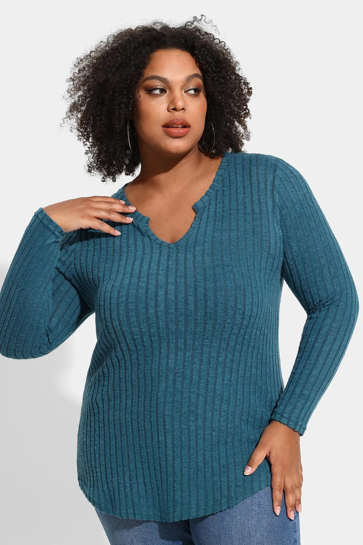 Texture Velvet Notched Neckline Basic Long Sleeve T-Shirt