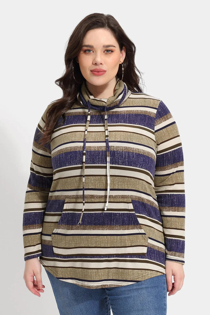 Stripe Drawstring Turtleneck Pockets Sweatshirt
