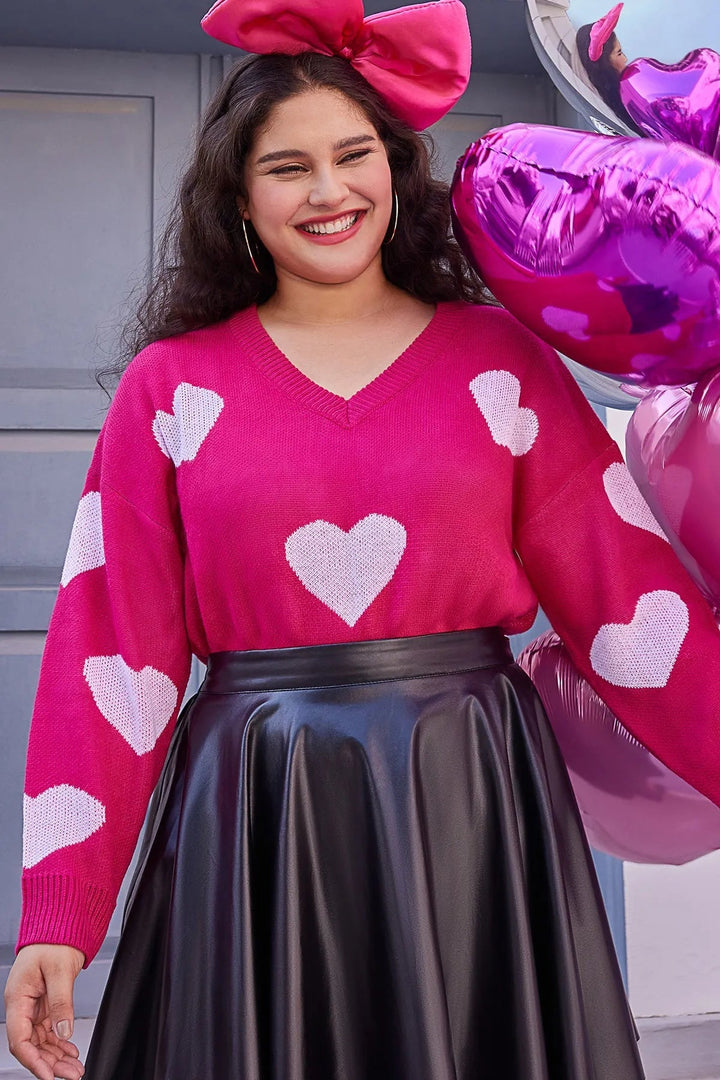 Hearts Print Knit V-neck Sweater