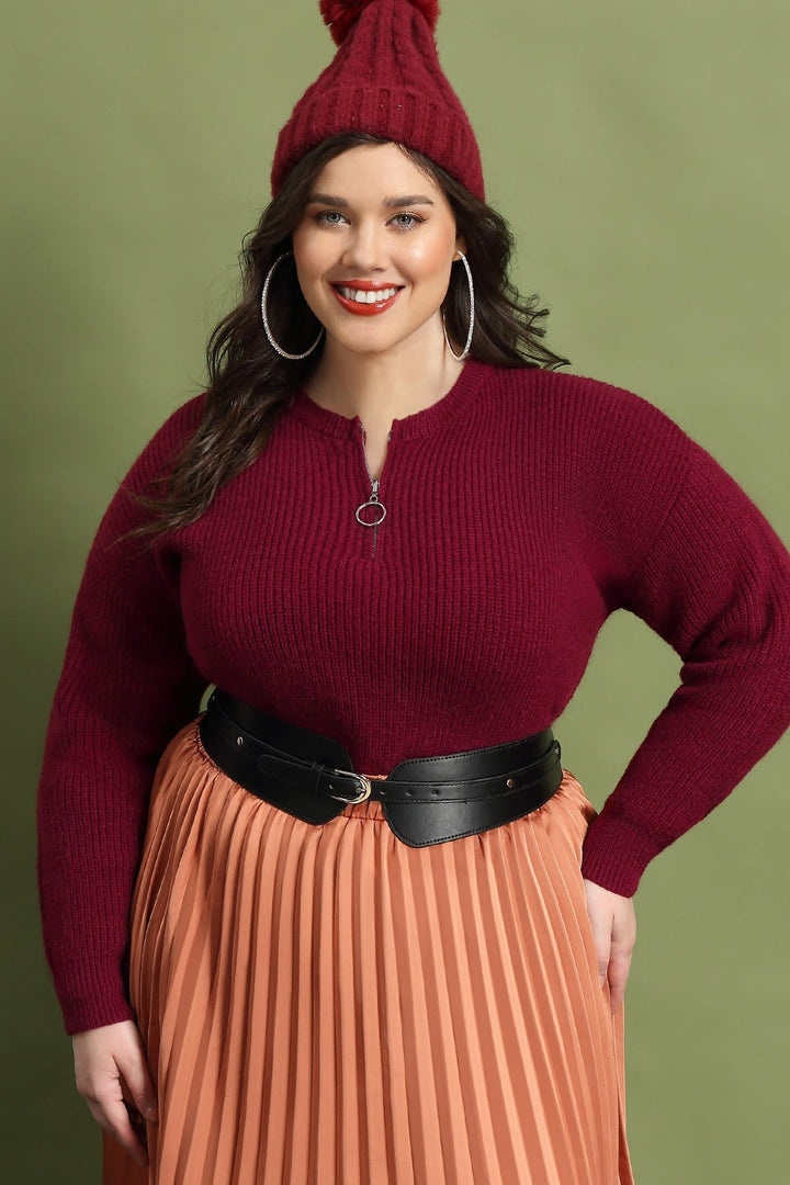 Quarter Zipper Up Plain Cashmere Woolen Sweater