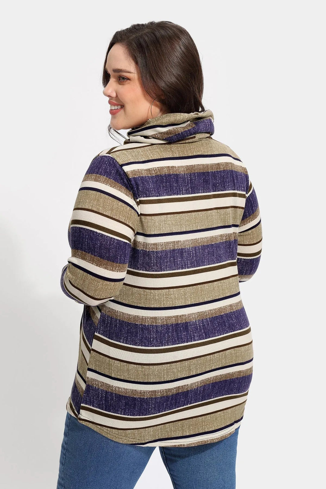 Stripe Drawstring Turtleneck Pockets Sweatshirt