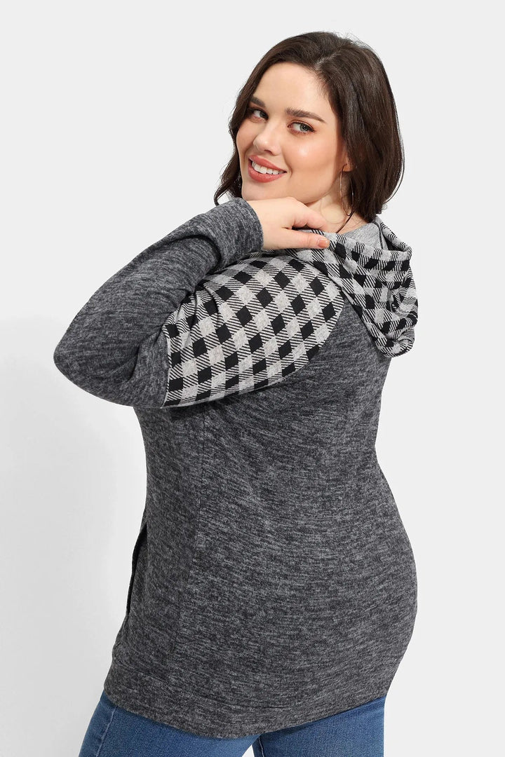 Raglan Plaid Drawstring French Velvet Hoodie