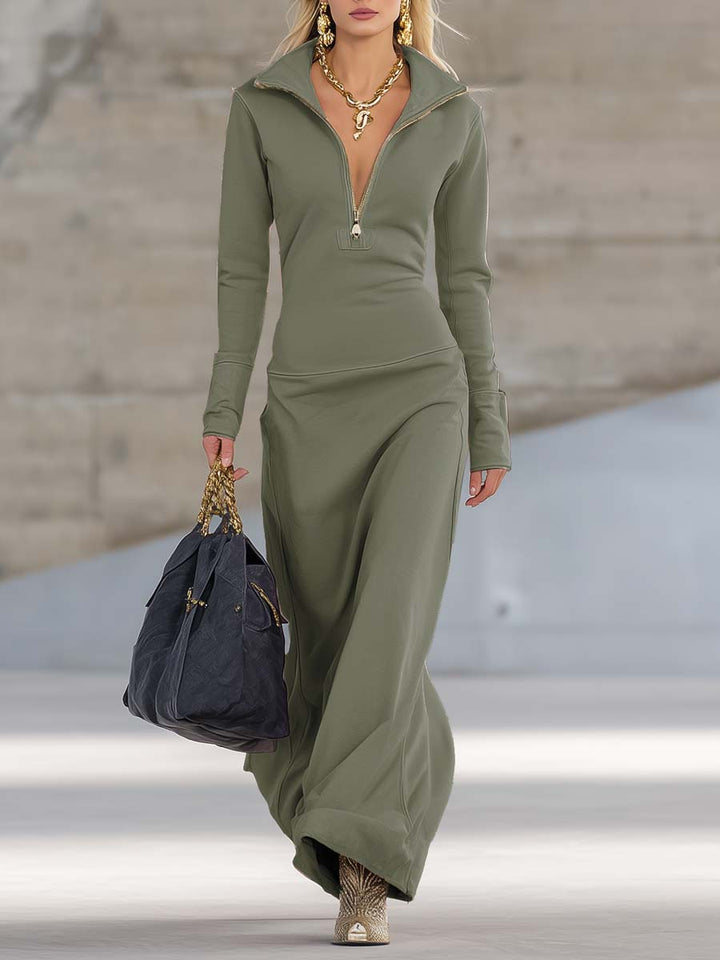 Elegant Retro Sporty V-neck Front Zipper Long-sleeved Pink Maxi Dress