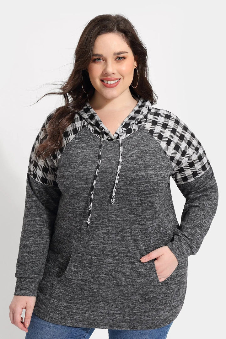 Raglan Plaid Drawstring French Velvet Hoodie