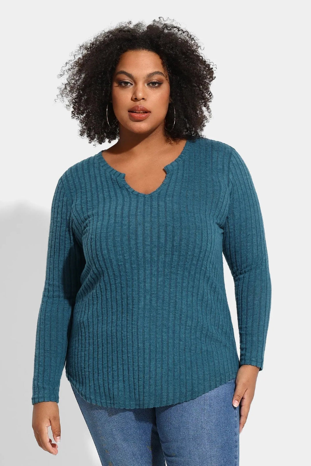 Texture Velvet Notched Neckline Basic Long Sleeve T-Shirt