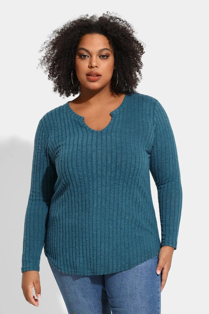 Texture Velvet Notched Neckline Basic Long Sleeve T-Shirt