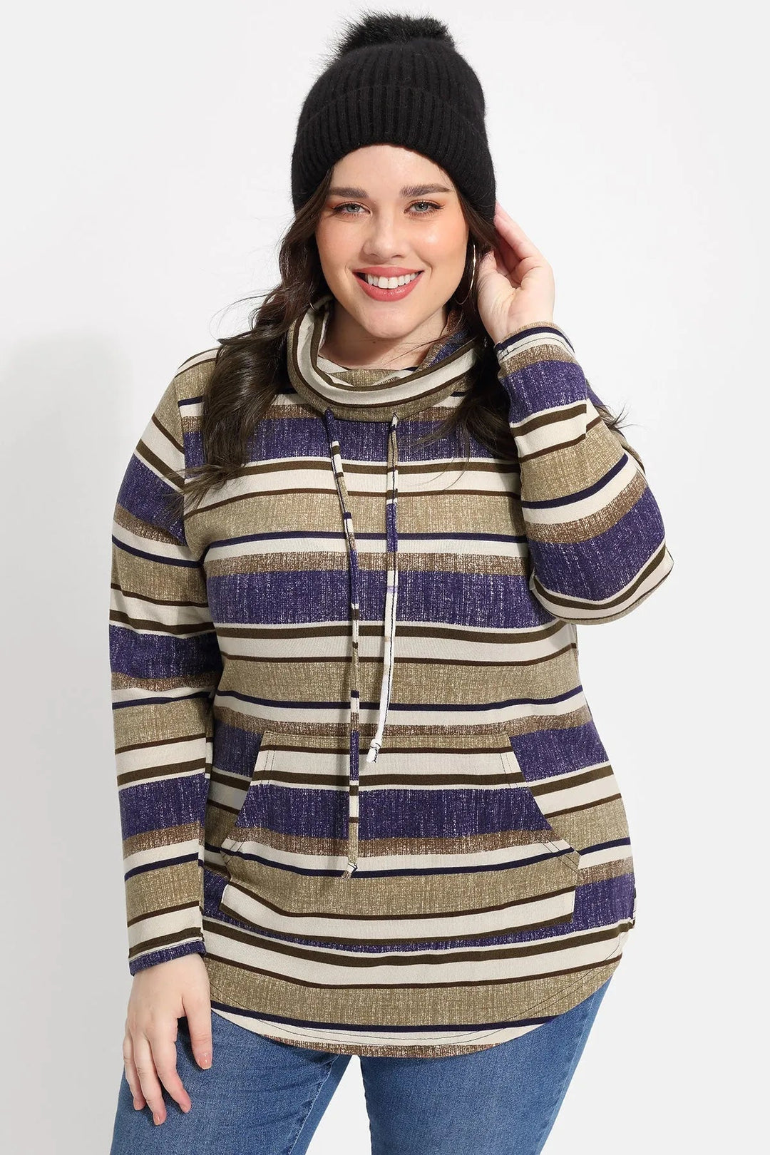 Stripe Drawstring Turtleneck Pockets Sweatshirt