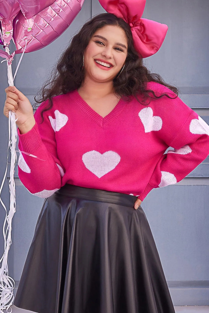 Hearts Print Knit V-neck Sweater