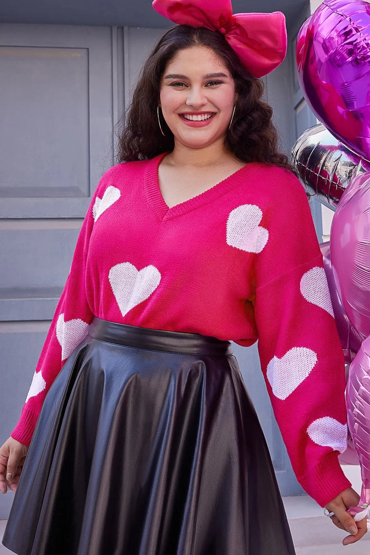 Hearts Print Knit V-neck Sweater