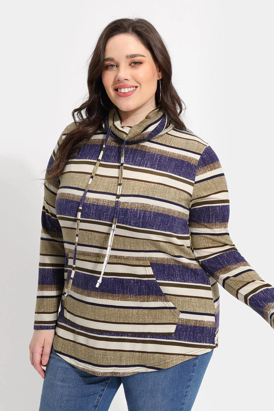 Stripe Drawstring Turtleneck Pockets Sweatshirt