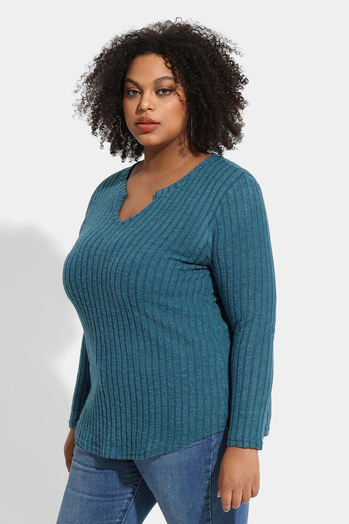 Texture Velvet Notched Neckline Basic Long Sleeve T-Shirt