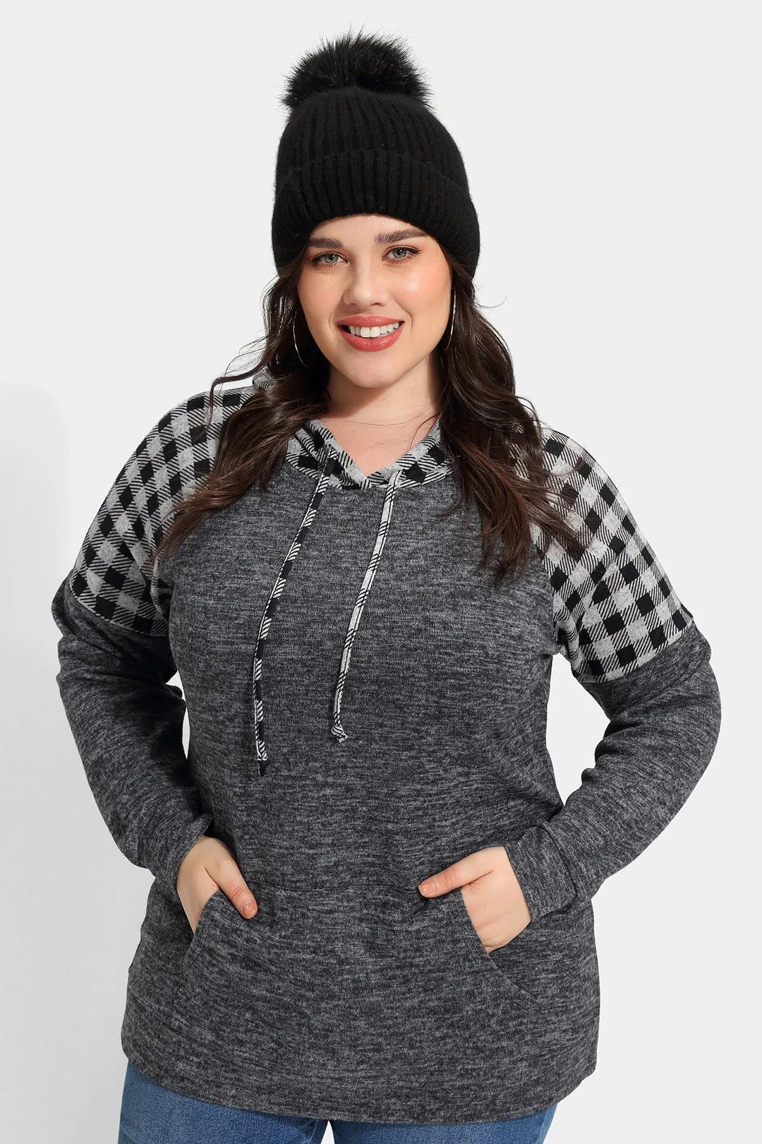Raglan Plaid Drawstring French Velvet Hoodie