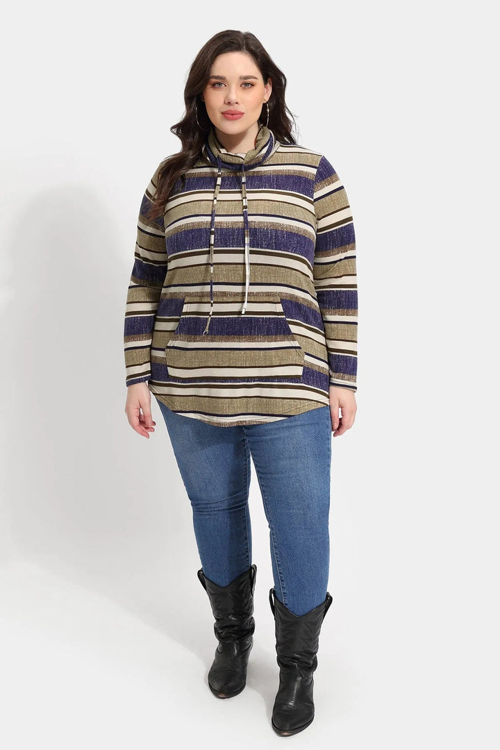 Stripe Drawstring Turtleneck Pockets Sweatshirt