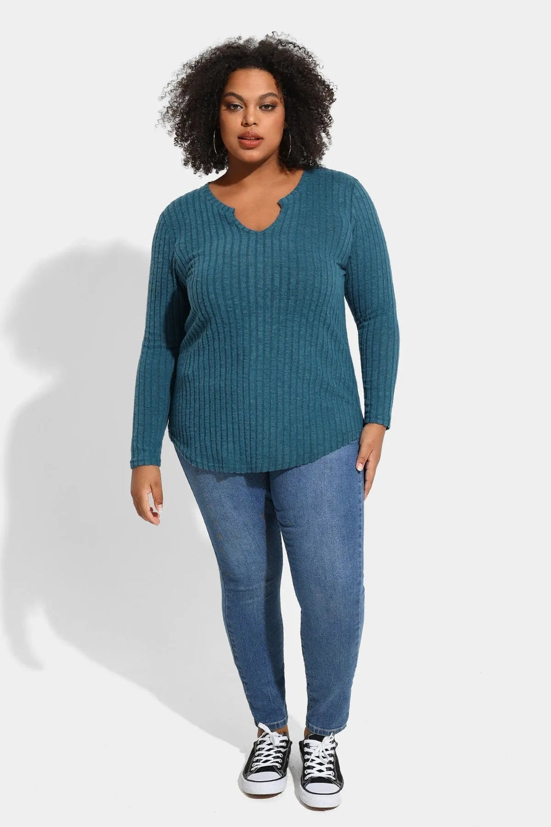 Texture Velvet Notched Neckline Basic Long Sleeve T-Shirt