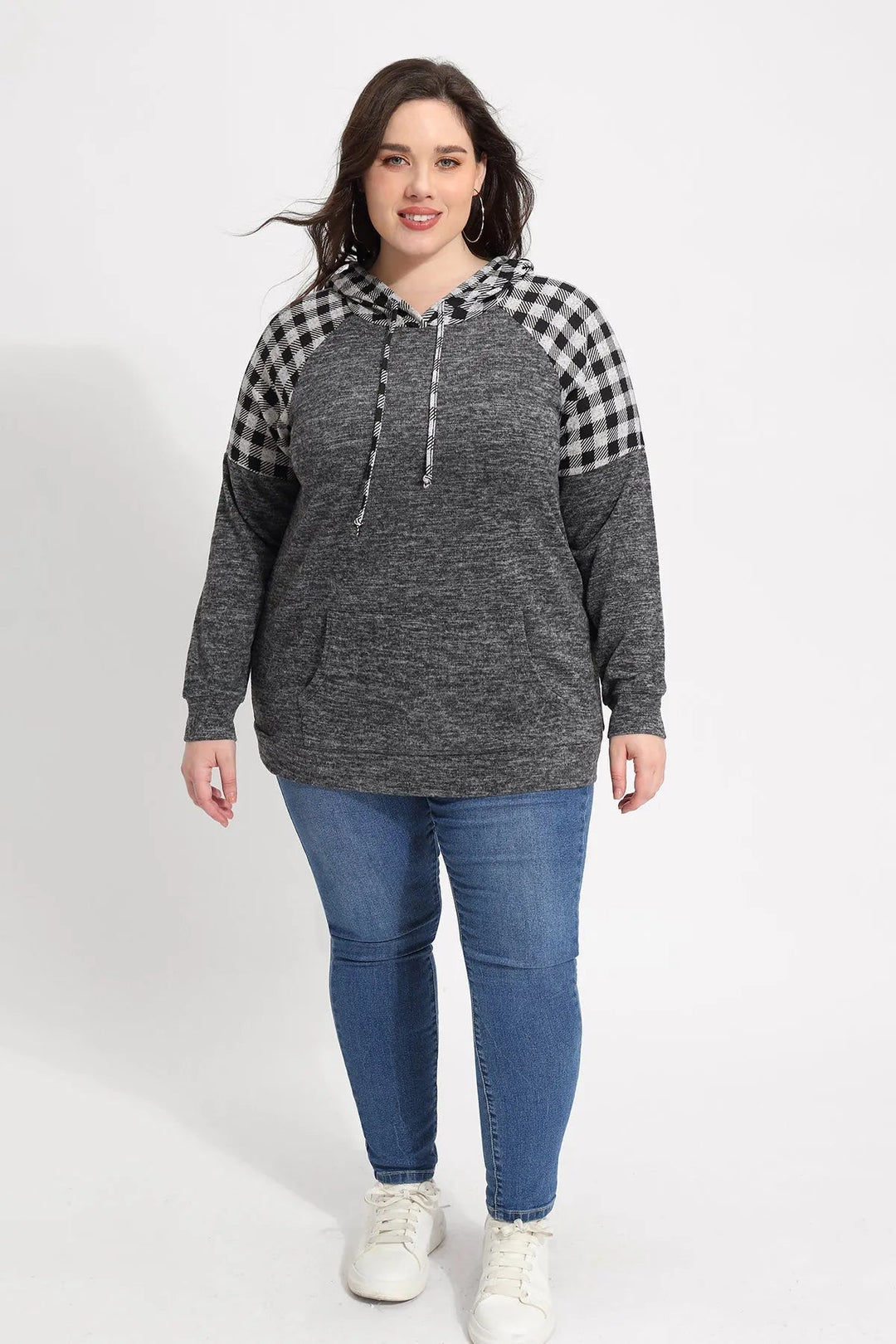 Raglan Plaid Drawstring French Velvet Hoodie