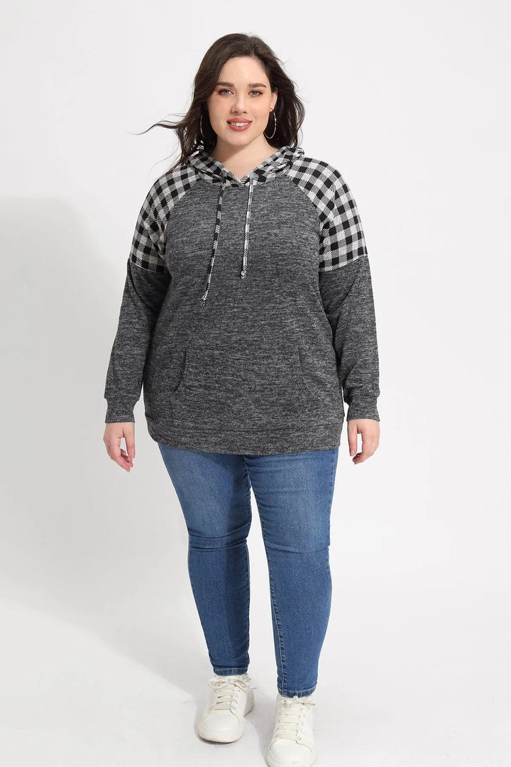 Raglan Plaid Drawstring French Velvet Hoodie