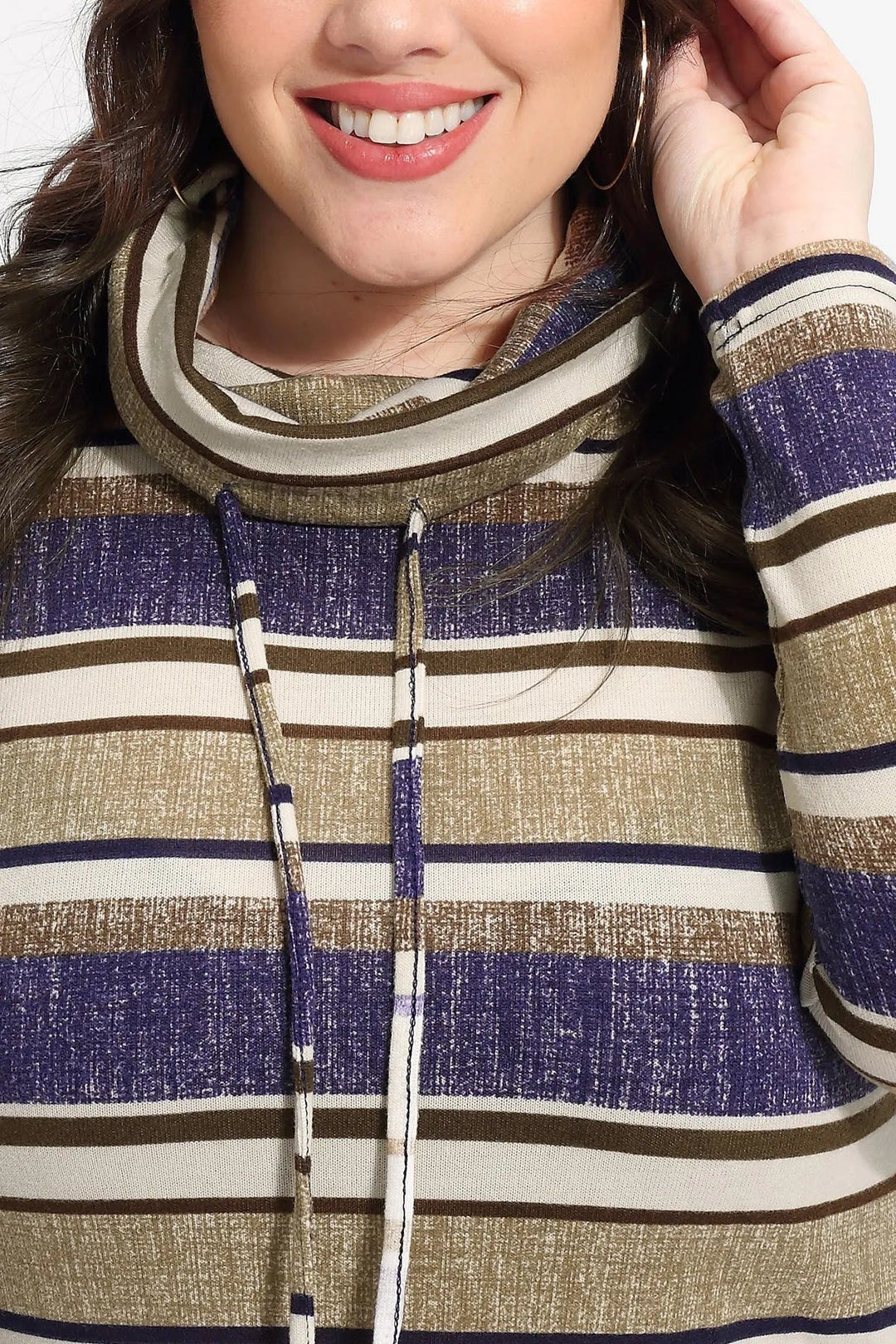 Stripe Drawstring Turtleneck Pockets Sweatshirt