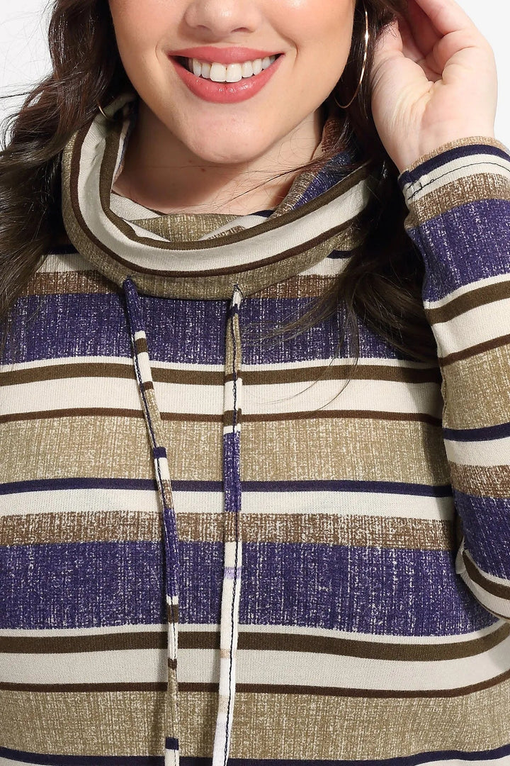 Stripe Drawstring Turtleneck Pockets Sweatshirt