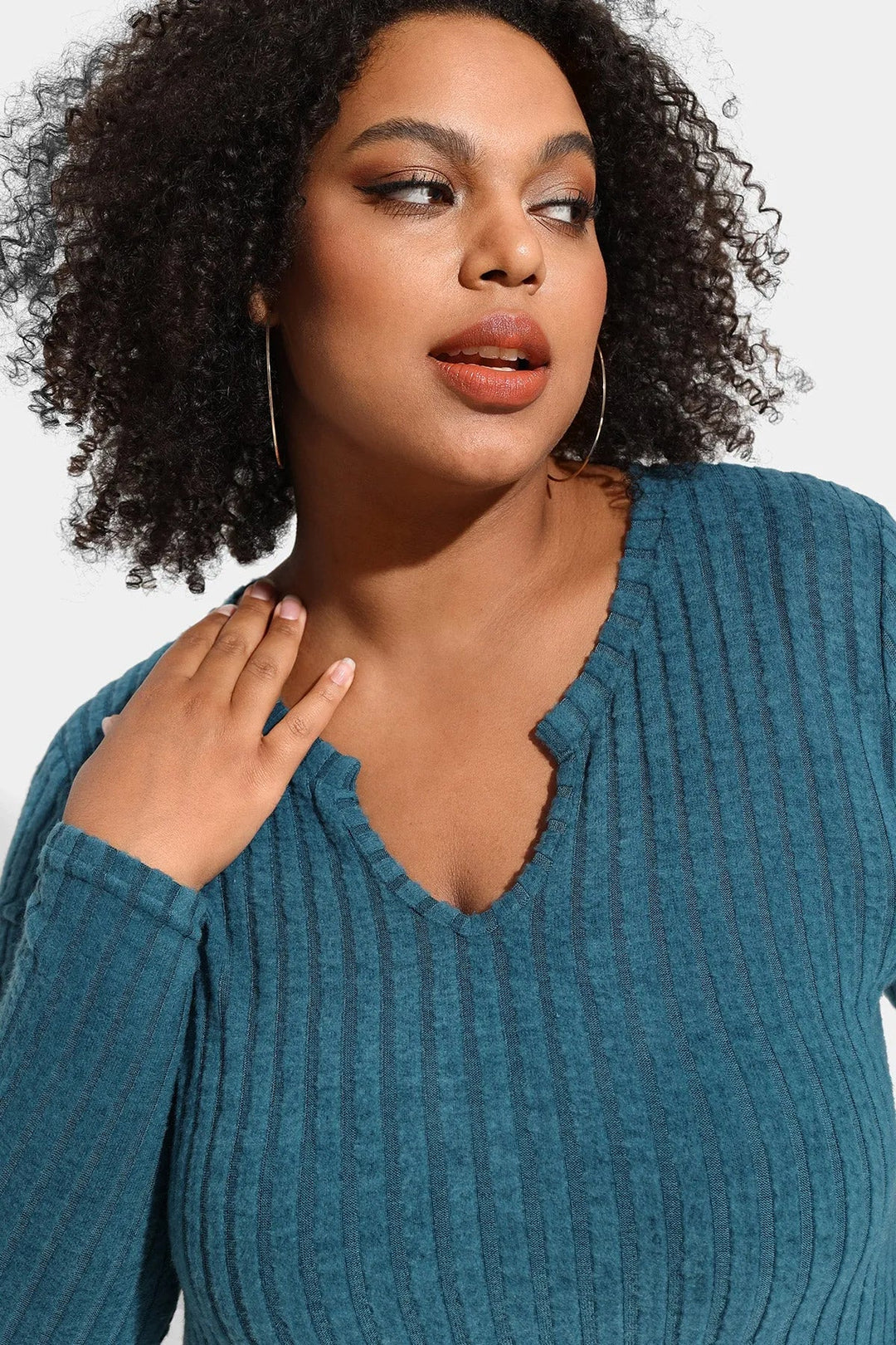 Texture Velvet Notched Neckline Basic Long Sleeve T-Shirt