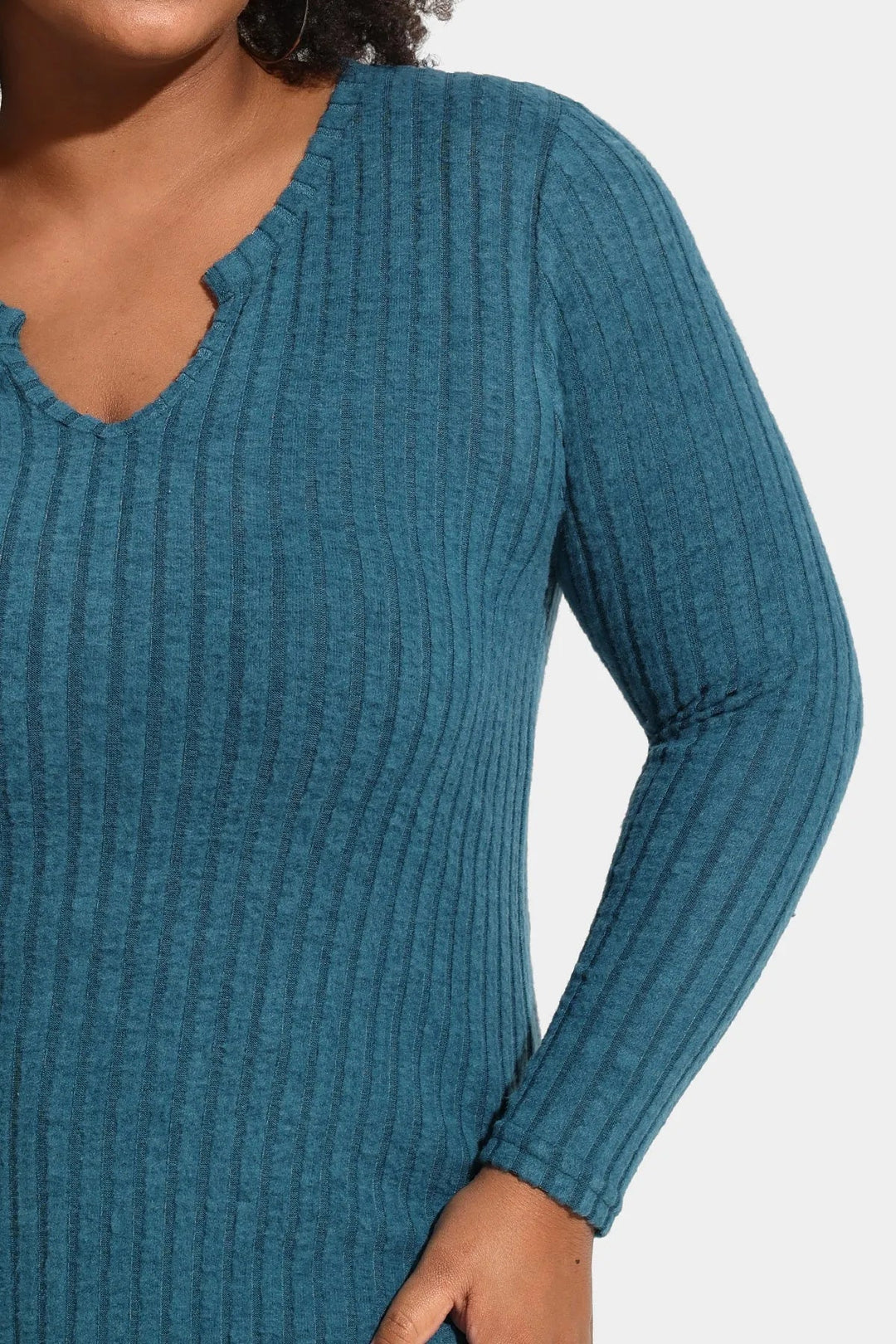 Texture Velvet Notched Neckline Basic Long Sleeve T-Shirt