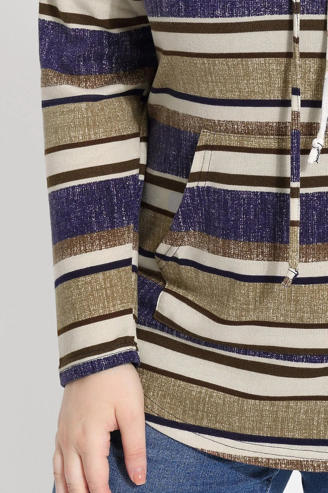 Stripe Drawstring Turtleneck Pockets Sweatshirt