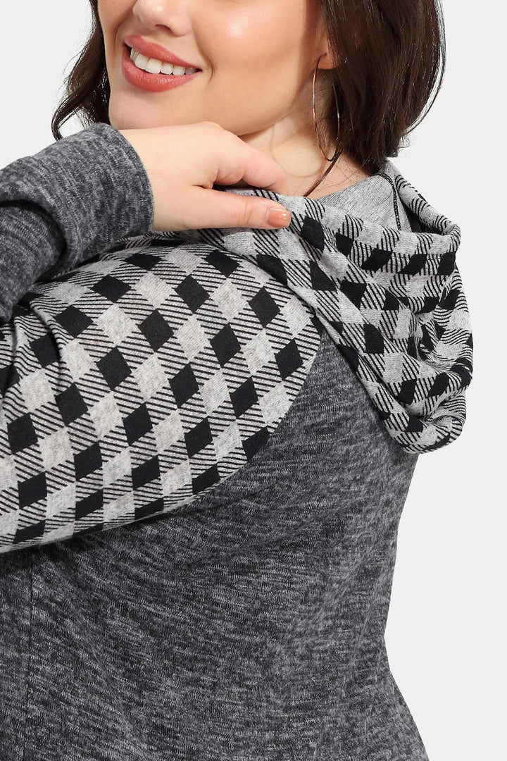 Raglan Plaid Drawstring French Velvet Hoodie