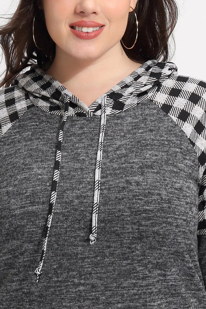 Raglan Plaid Drawstring French Velvet Hoodie