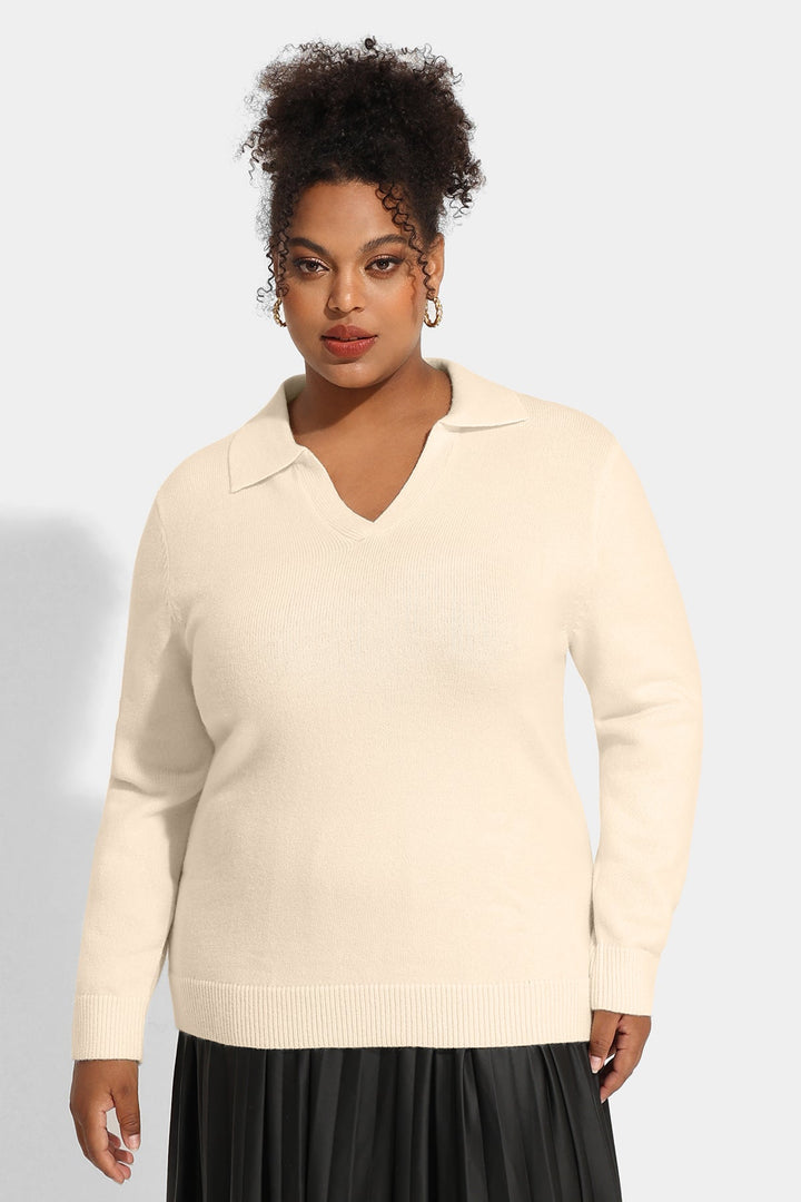 Solid Lapel Collared V Neck Sweater