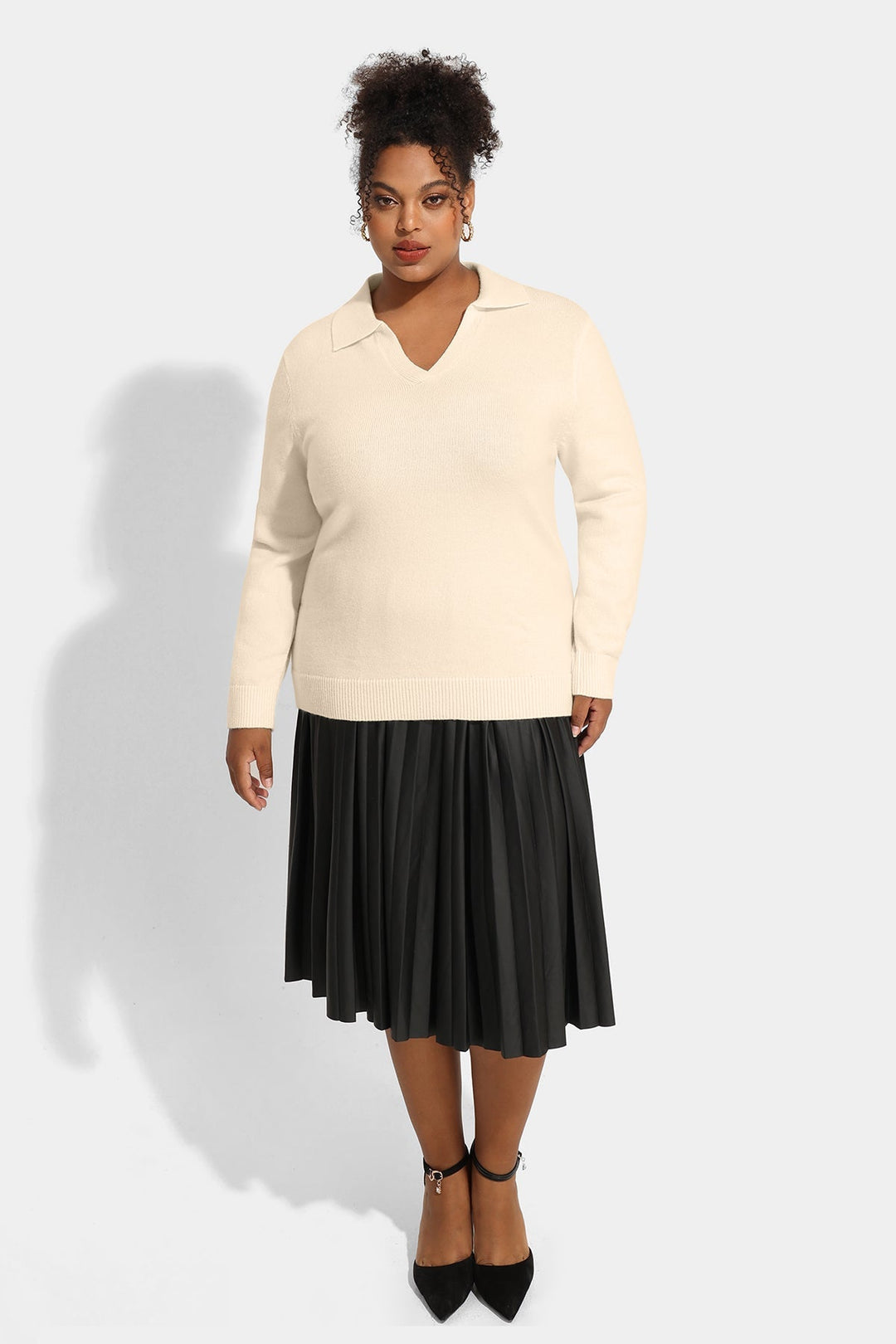 Solid Lapel Collared V Neck Sweater