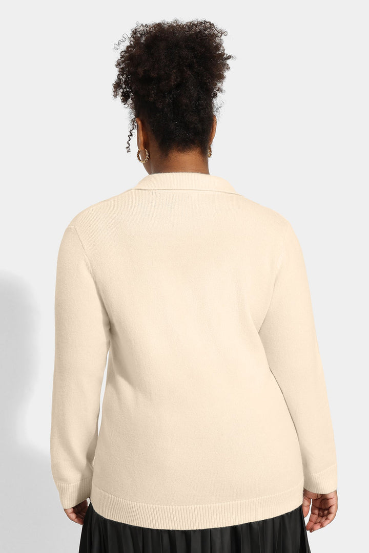 Solid Lapel Collared V Neck Sweater