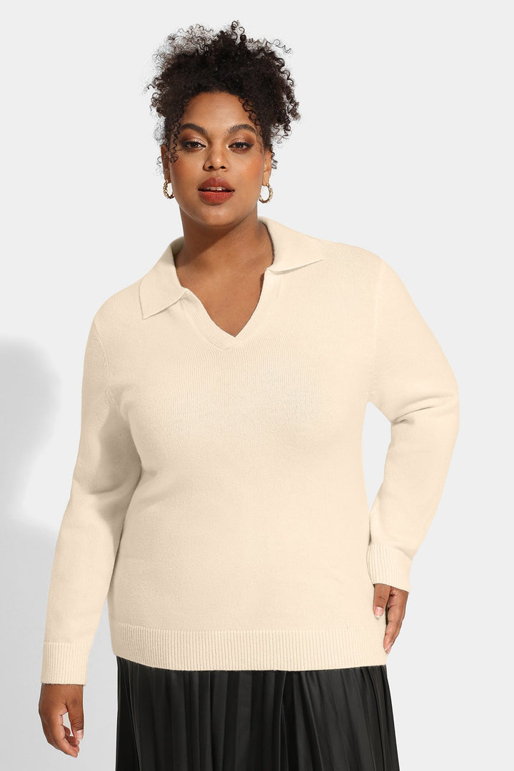 Solid Lapel Collared V Neck Sweater