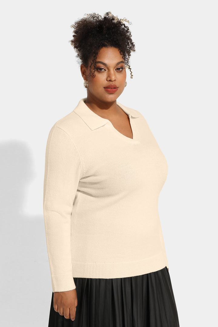 Solid Lapel Collared V Neck Sweater