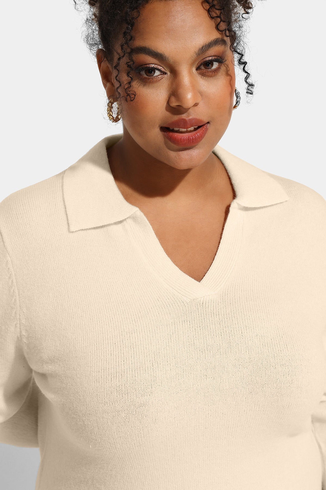 Solid Lapel Collared V Neck Sweater