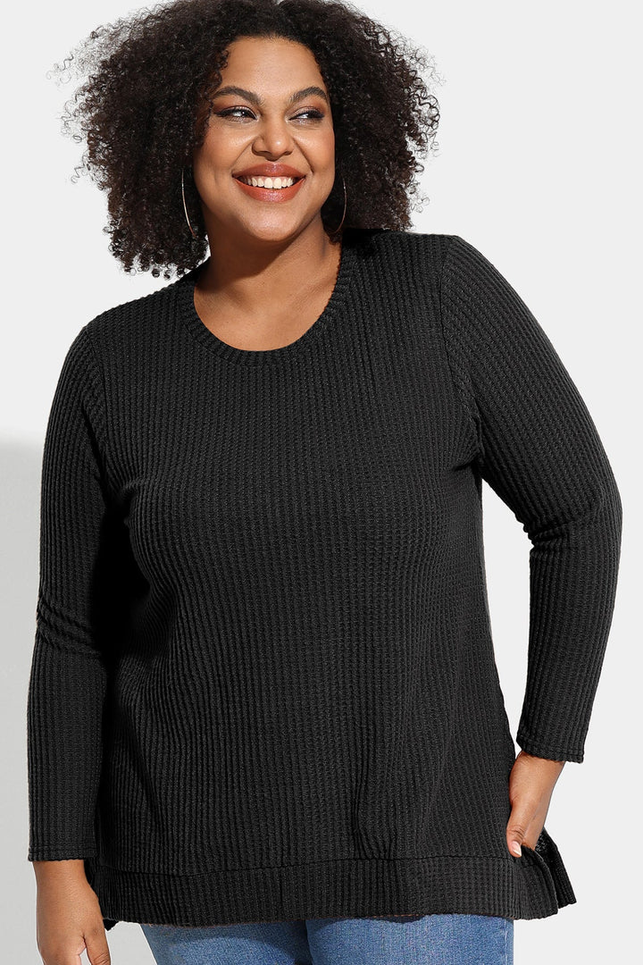 Solid Waffle Knit Pullover Loose Split Hem Sweatshirt