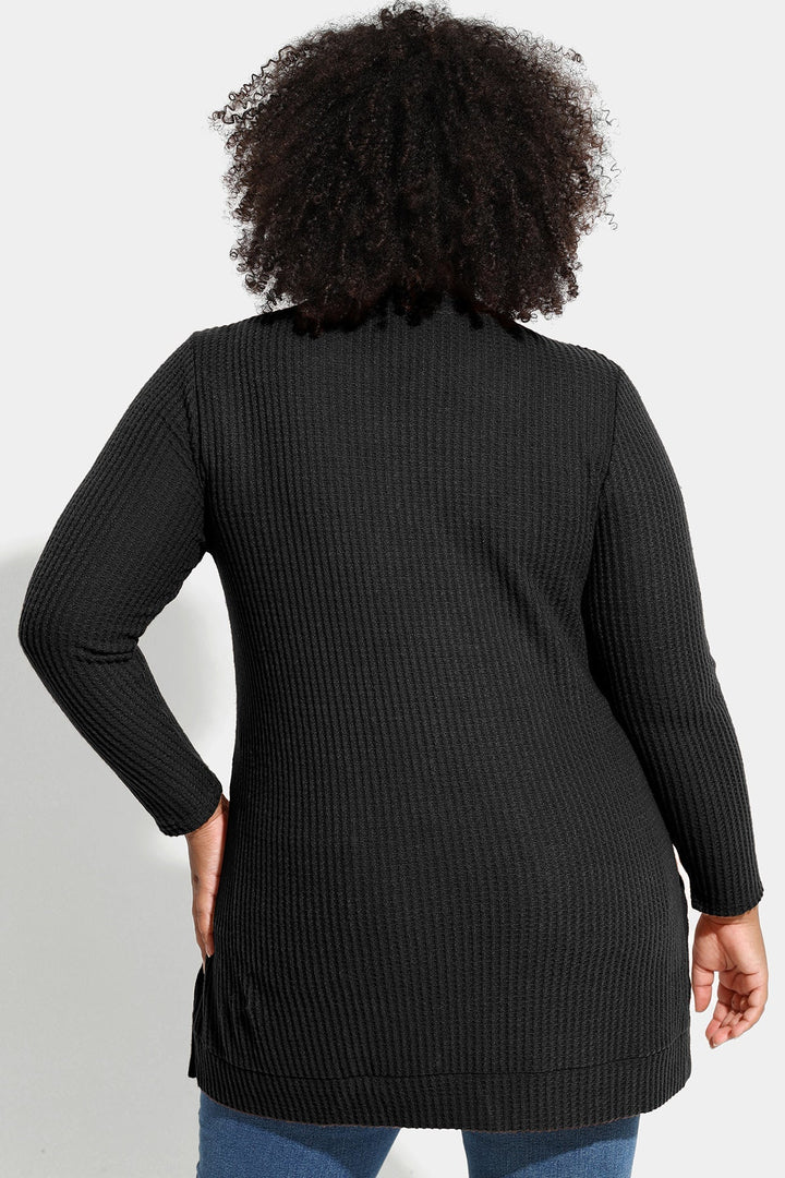 Solid Waffle Knit Pullover Loose Split Hem Sweatshirt