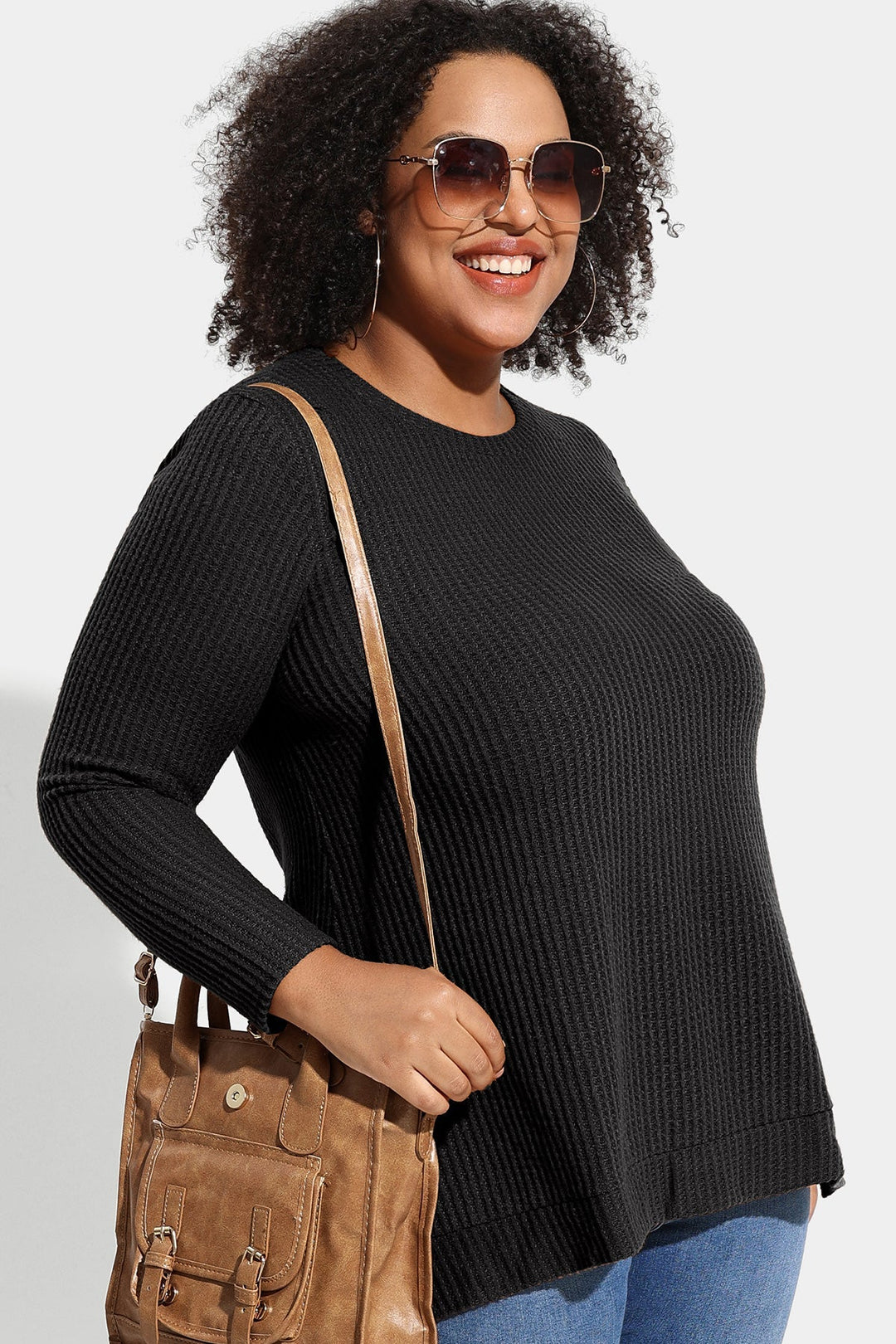 Solid Waffle Knit Pullover Loose Split Hem Sweatshirt