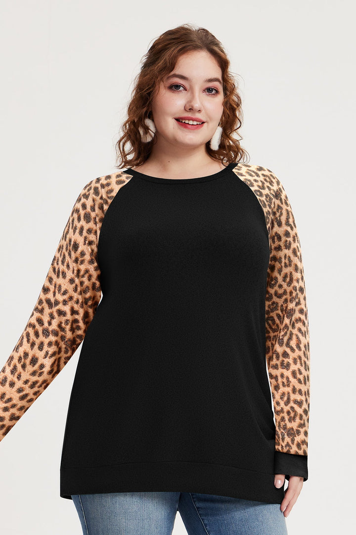 Raglan Leopard Long Sleeve Black Sweatshirt