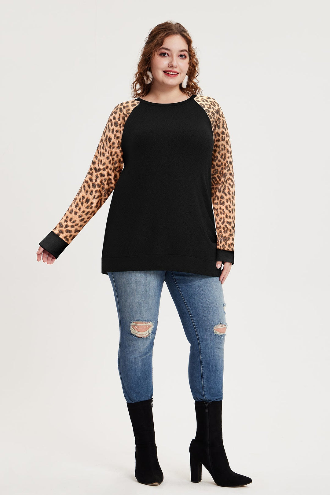 Raglan Leopard Long Sleeve Black Sweatshirt