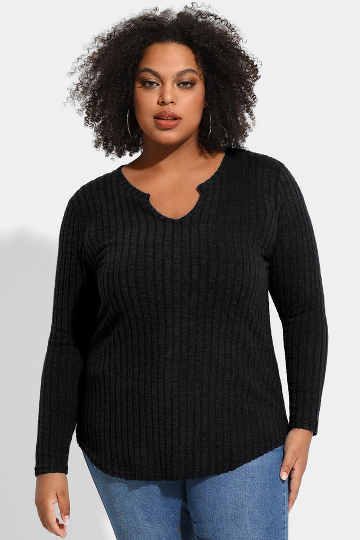 Texture Velvet Notched Neckline Basic Long Sleeve T-Shirt