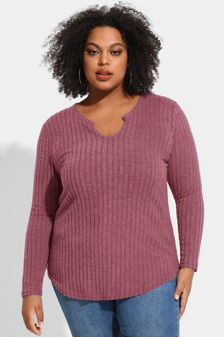 Texture Velvet Notched Neckline Basic Long Sleeve T-Shirt