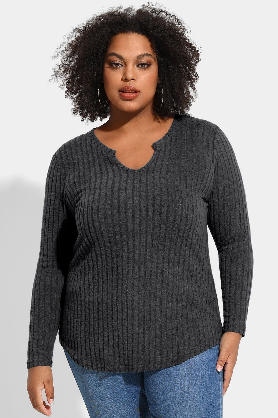 Texture Velvet Notched Neckline Basic Long Sleeve T-Shirt