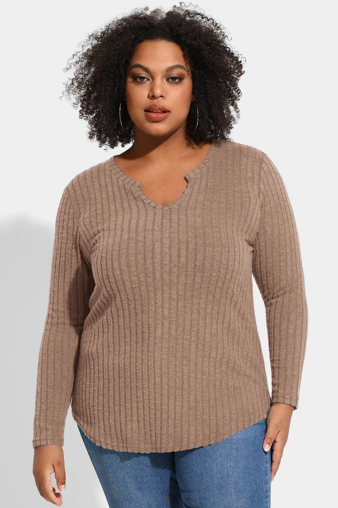 Texture Velvet Notched Neckline Basic Long Sleeve T-Shirt