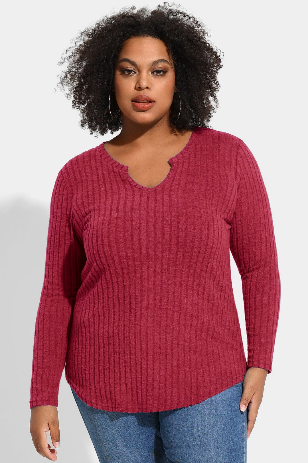 Texture Velvet Notched Neckline Basic Long Sleeve T-Shirt