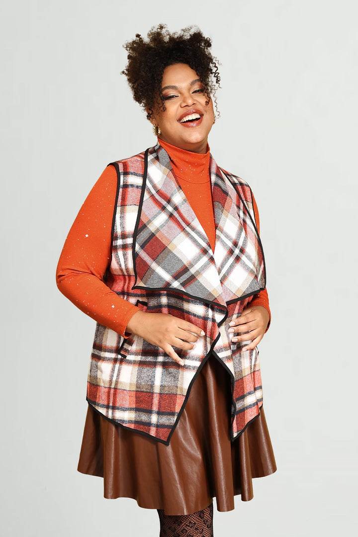 Colorblock Plaid Sleeveless Pocket Cardigan