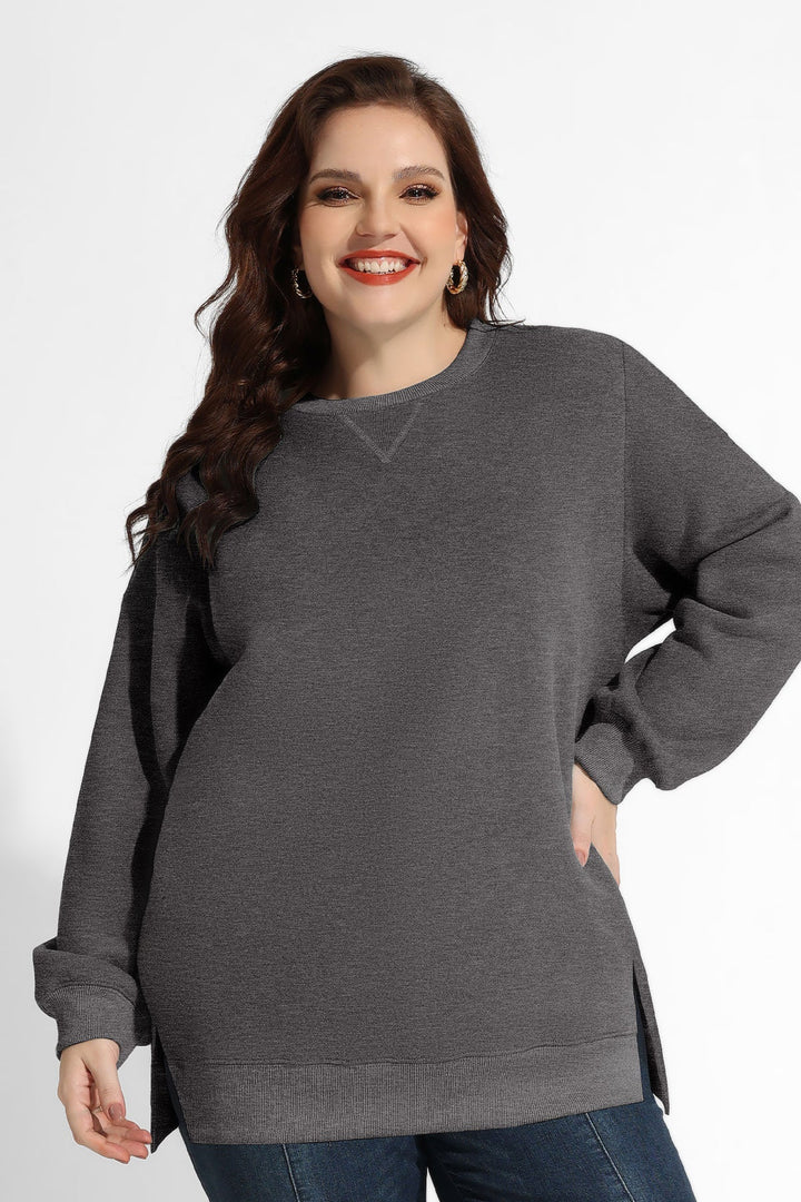 Solid Split Hem Long Sleeve Basic Sweatshirt