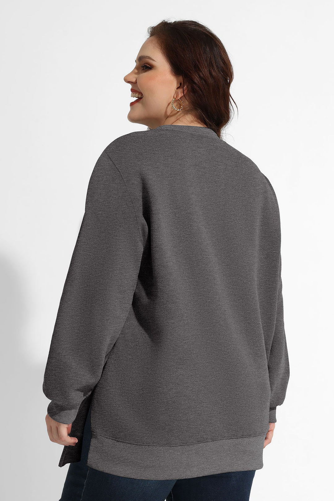Solid Split Hem Long Sleeve Basic Sweatshirt