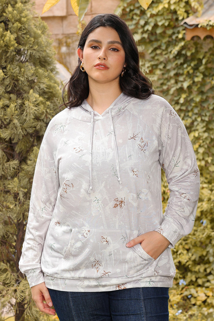 Kangaroo Pocket Adjustable Drawstring  Floral Print Hoodie