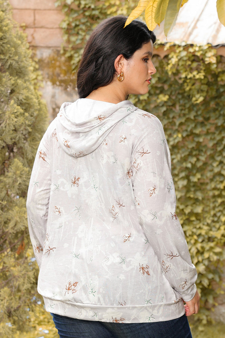 Kangaroo Pocket Adjustable Drawstring  Floral Print Hoodie