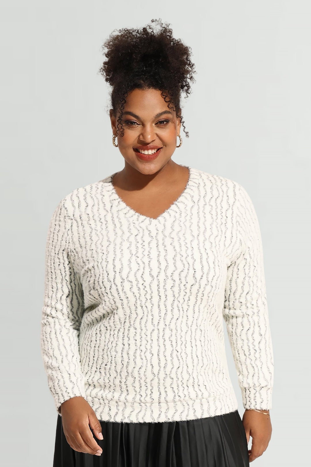 Solid V Neck Knit Velvet Long Sleeve Pullover Sweater