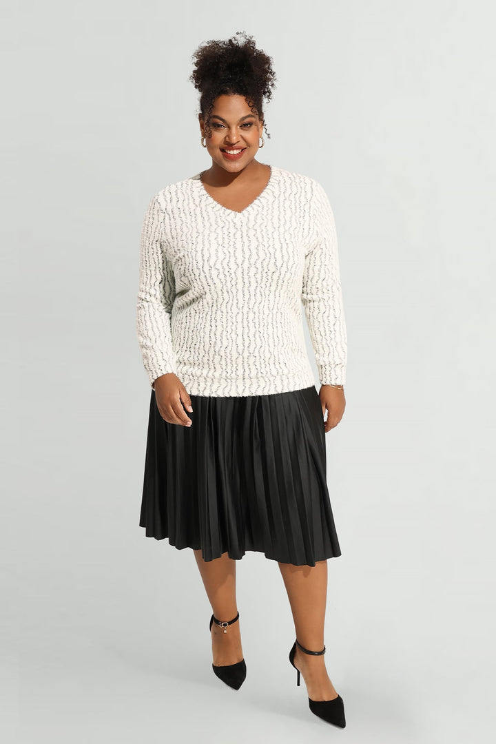 Solid V Neck Knit Velvet Long Sleeve Pullover Sweater